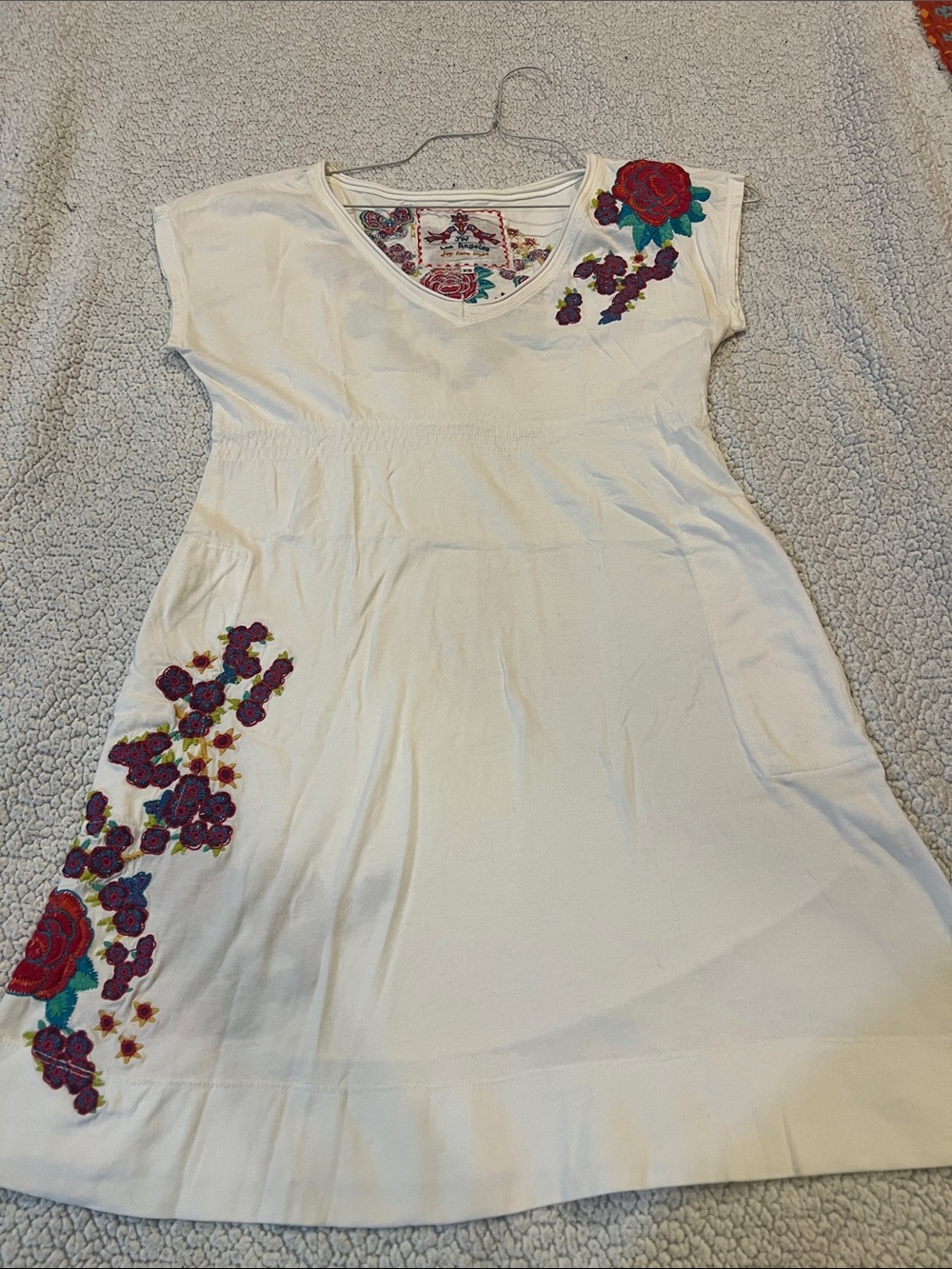 Johnny Was White V-Neck Mini Dress with Multicolor Floral Embroidery